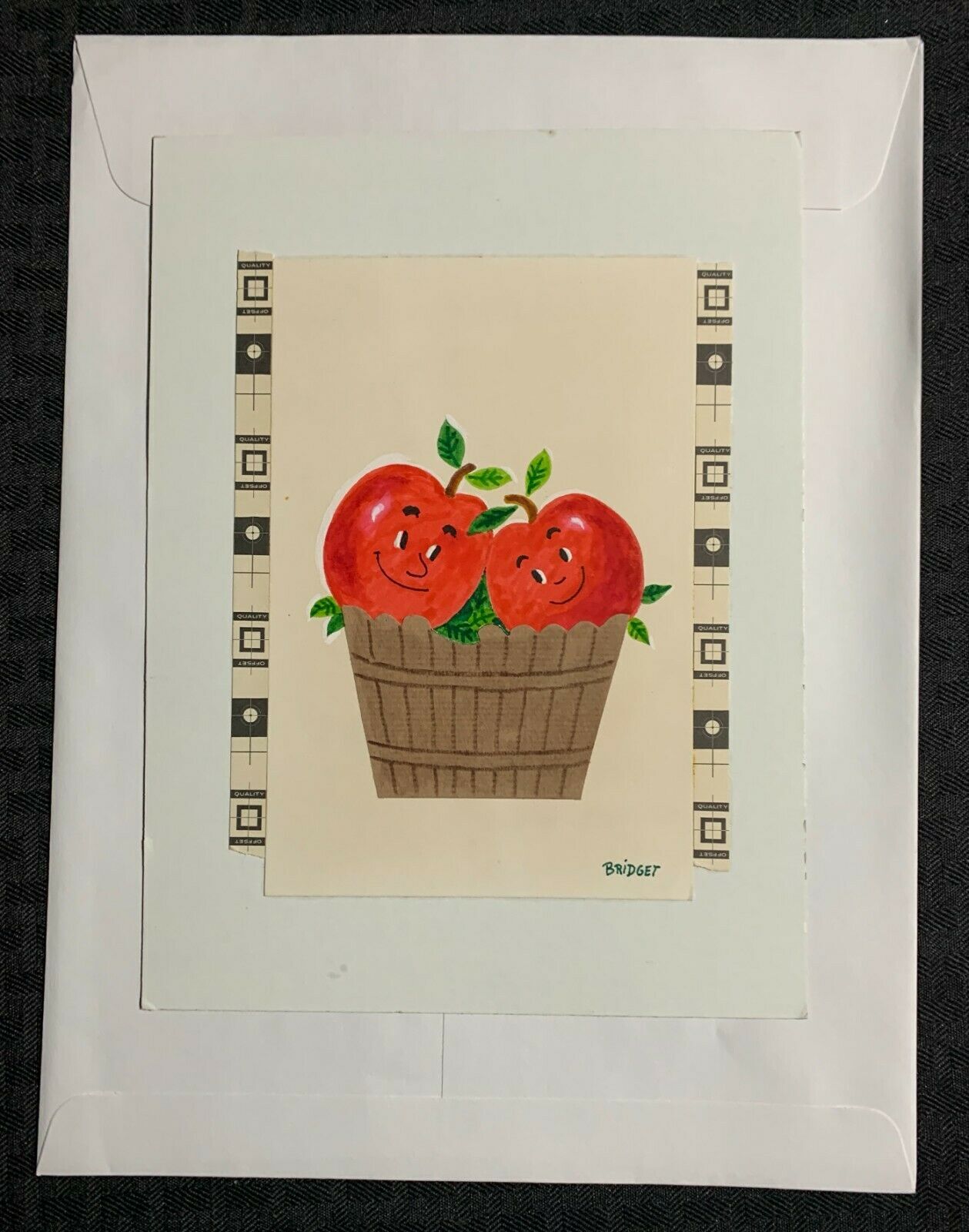 HAPPY VALENTINES DAY Cartoon Apples In Basket 7x9 25 Greeting Card Art 