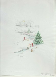 WINTER SCENE WITH CARDINALS & Rabbit 9x13 #6003 Christmas Greeting Card Art