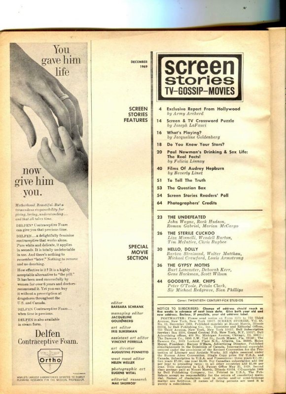 Screen Stories-Barbra Streisand-John Wayne-Peter O'Toole-Dec-1969