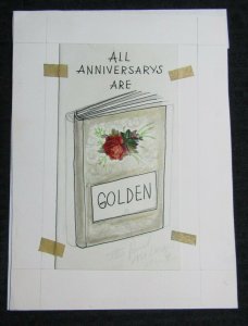 ALL ANNIVERSARYS ARE GOLDEN Book with Flowers 7x9 Greeting Card Art #WA7199