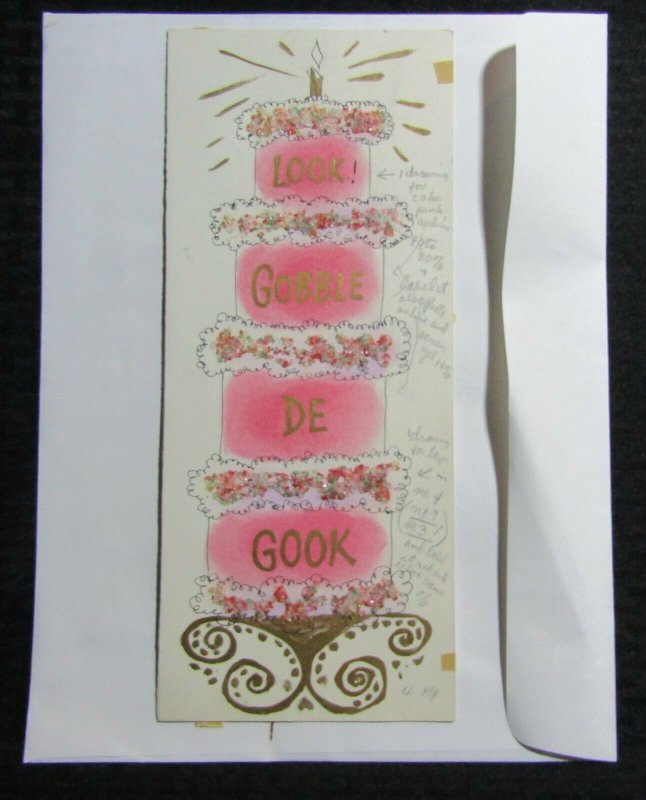 GOBBLE DE LOOK Pink Birthday Cake w/ Candle 5x12 Greeting Card Art #B8893