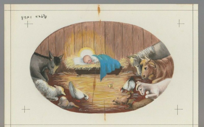 1965 BABY JESUS IN MANGER w/ Animals 10x7 #SP11 Christmas Greeting Card Art