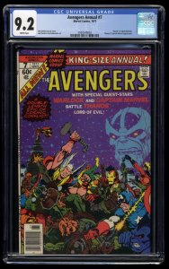 Avengers Annual #7 CGC NM- 9.2 White Pages Thanos Death of Adam Warlock!