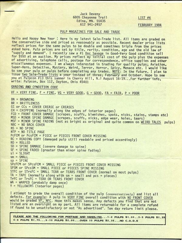 Pulp Sales List From Jack Deveny #6 2/1984-14 full pages-pulp fandom history-FN