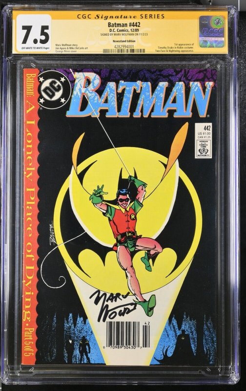 BATMAN #442 CGC 7.5 NEWSSTAND SIGNED MARV WOLFMAN 1ST TIM DRAKE ROBIN