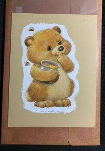 CUDDLY CRITTERS Bear Cub with Honey Pot & Bees 10.5x14 Greeting Card Art #008