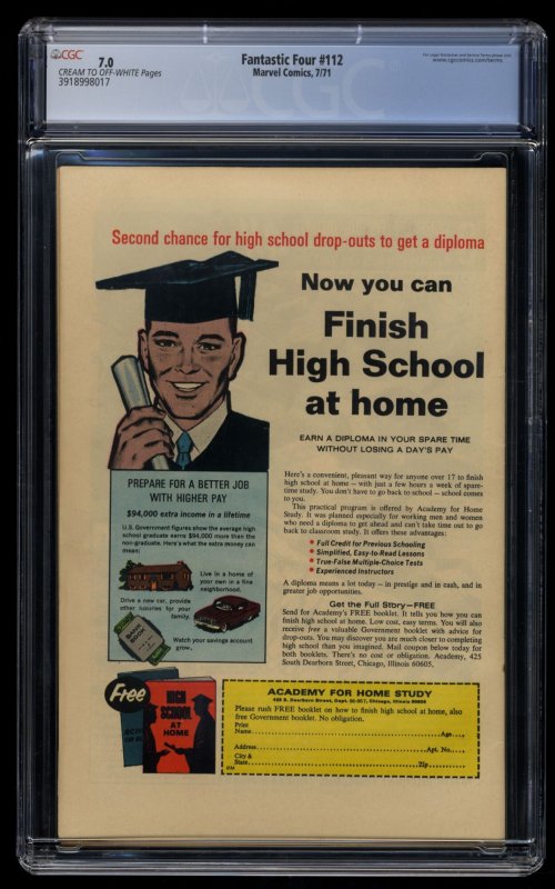 Fantastic Four #112 CGC FN/VF 7.0 Hulk Vs Thing!