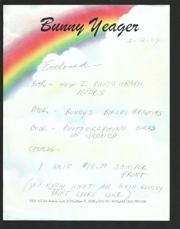 Bunny Yeager 2 Page Hand Written List of Sale Items 2/3/2004-Historic pin-up ... 