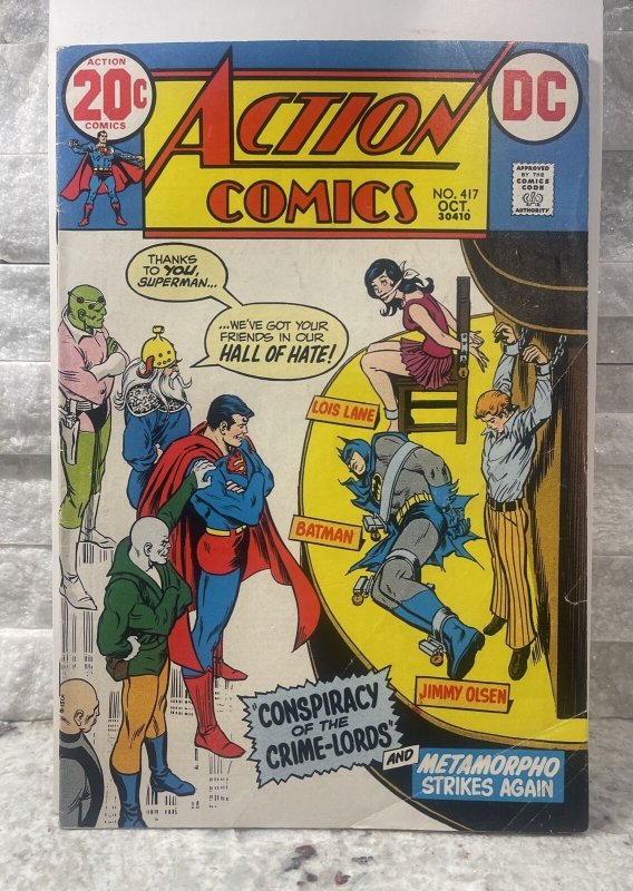 ACTION COMICS  417 1972 METAMORPHO, BRAINIAC, 1sCrime Lords & Hall Of hate 4.0