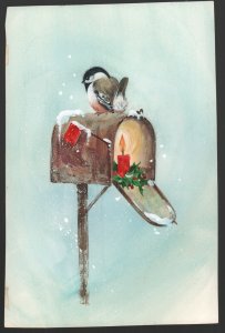 Bird on Snowy Candlelit Mailbox #393 Christmas Greeting Card Painted Art