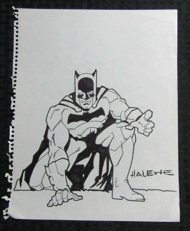 BATMAN Taking a Knee Ink Sketch by Halewe 9x11.5 FN+ 6.5 Signed