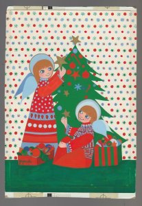 MERRY CHRISTMAS Angels Decorating Tree w/ Stars 6.5x9.5 Greeting Card Art #5211