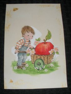 CUTE BOY w/ Giant Apple in Cart w/ Flowers 4.5x6.5 Greeting Card Art #507