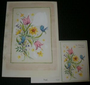 HAPPY EASTER Blue Birds w Pink Yellow Flowers 7.5x11 Greeting Card Art #2446