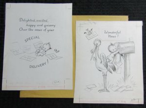 WONDERFUL NEWS Bird Stork Baby and Mailbox 2pcs 7x9 Greeting Card Art #1837