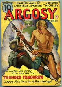 Argosy Pulp March 16 1938- Johnston McCulley- Thunder Tomorrow FN