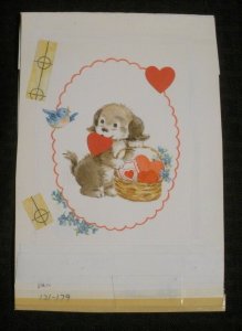 VALENTINE Puppy w/ Blue Bird Hearts & Basket 5x7.5 Greeting Card Art #V3463