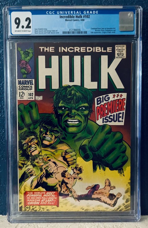 The Incredible Hulk #102 (1968) Big Premiere Issue CGC 9.2 - Rare in Grade!