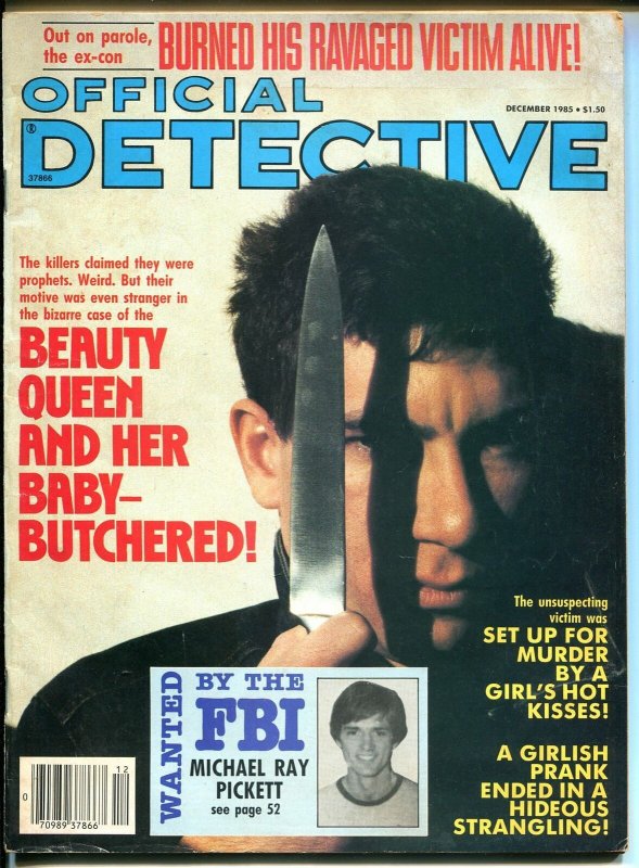 Official Detective 12/1985- large knife cover-crime pulp thrills-baby butcher-G