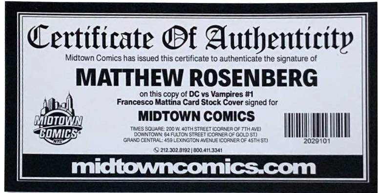 DC VS.VAMPIRES #1 FRANCESCO MATTINA MINIMAL VARIANT SIGNED MATTHEW ROSENBERG COA
