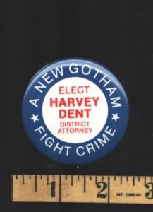 Batman-Gotham City-Elect Harvey Dent D.A. Pin Back Button-1988-blue-2⅛