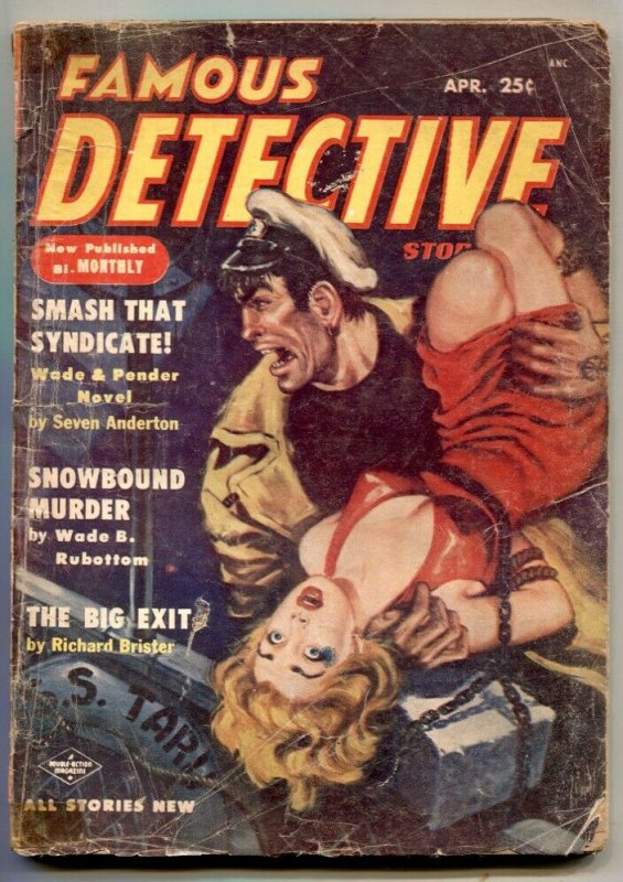 Famous Detective Stories Pulp April 1954- Wild GGA cover- Big Exit