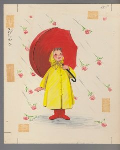 BIRTHDAY Cute Girl w/ Umbrella Raining Flowers 7.5x9 Greeting Card Art #B523 