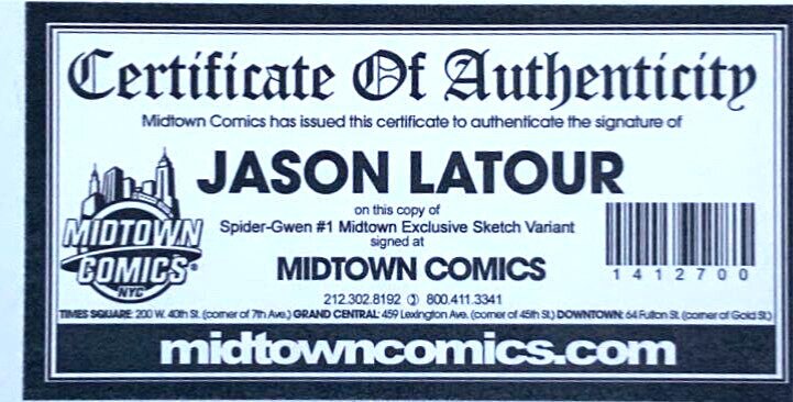 SPIDER-GWEN #1 J.SCOTT CAMPBELL MIDTOWNCOMICS  SKETCH COLOR SET SIGNED W/COA.