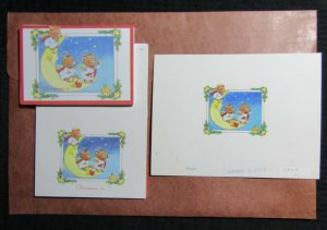 CHRISTMAS Teddy Bears on Cresent Moon 9.5x7 Greeting Card Art X9006 w/ 17 Cards