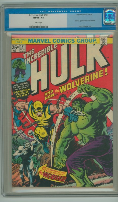 Incredible Hulk #181 1st full appearance of Wolverine CGC 7.0 White Pages