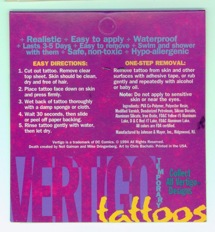 DC VERTIGO DEATH TEMPORARY TATTOOS 1994 STILL SEALED, NEIL GAIMAN