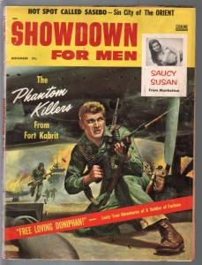 Showdown For Men 11/1957-Tommy gun cover-war-crime-cheesecake-VG