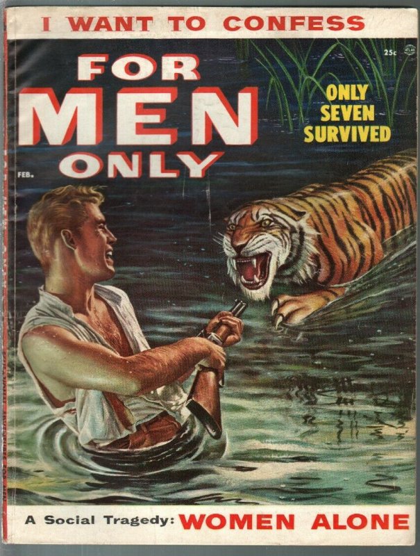 For Men Only 2/1955 Atlas-tiger attack cover-Carl Hubbell-Lisa Daniels-VG/FN