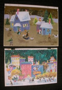 CHRISTMAS 2pcs Painted Town & City w/ People Snow 9x7 Greeting Card Art #84 263