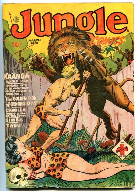 JUNGLE  #51-1944-BOUND JUNGLE GIRL-LION ATTACK-SKULL-vg+