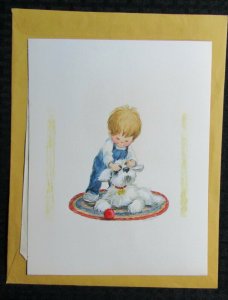 HELLO THERE Cute Boy Covering Dogs Eyes 7.5x9.5 Greeting Card Art #FB324