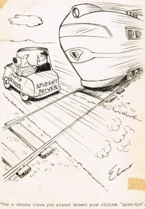 Train / Woman Driver Gag - Humorama 1960's art by Elmer Atkins