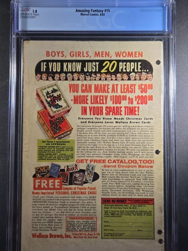 AMAZING FANTASY #15 - Origin 1st Spider-man - KEY GRAIL - MARVEL CGC 1.8