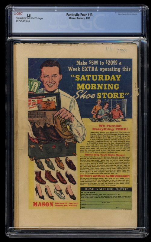 Fantastic Four #13 CGC FA/GD 1.5 Off White to White 1st Watcher and Red Ghost!