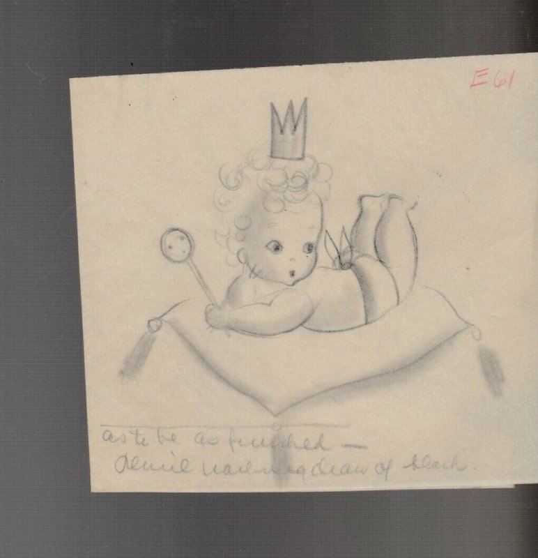 NEW ARRIVAL Cute Baby on Pillow w/ Crown Pencil 4.5x4 Greeting Card Art #nn