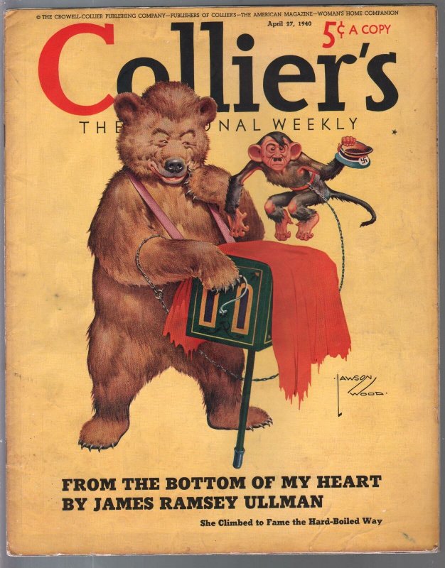 Collier's 4/27/1940-Hitler monkey cover-Lawson Woods-pre WWII era-pulp fictio...