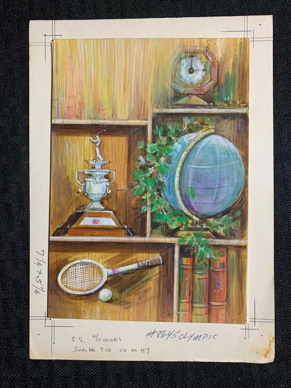 SHELVES with Clock Globe Trophy & Tennis Racket 6x8 Greeting Card Art #8645
