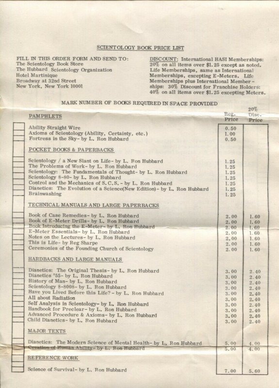 Scientology Book Price List 1963-L Ron Hubbard-variety of items-VG 