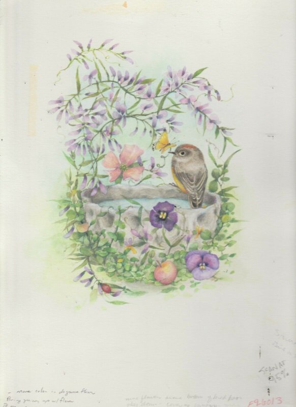 EASTER Bird on Branch w/ Flowers & Color Rough 9x12 Greeting Card Art #E26013