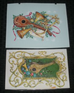 MERRY CHRISTMAS Mandolin Harp & Trumpet 2pcs 6.5x8 Greeting Card Art #879 888