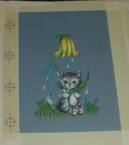 PAINTED KITTEN Cat w/ Yellow Flower & Dew 7x8 Greeting Card Art #6656