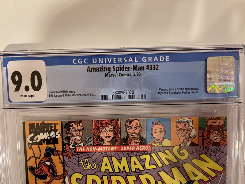 AMAZING SPIDER-MAN #332 CGC 9.0 - WHITE PAGES  ** VENOM BATTLE COVER !!! **