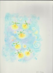 Watercolor Lightning Bugs w/ Swirls 9x12 Greeting Card Art #EO7126