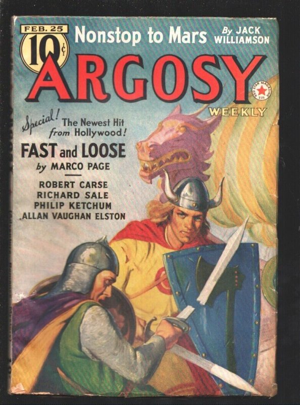 Argosy 2/25/1939-Munsey-G.J. Rozen Viking battle cover-Nonstop to Mars by J...