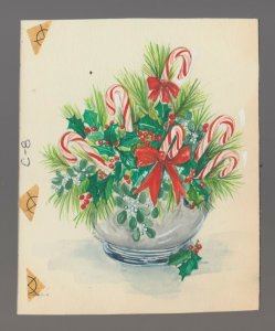 CHRISTMAS Candy Canes & Holly Berries in Pot 4.5x5.5 Greeting Card Art #C8
